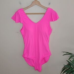 NWT Mack and Mal | Pink Ribbed One-Piece Swimsuit with Ruffle Cap Sleeves